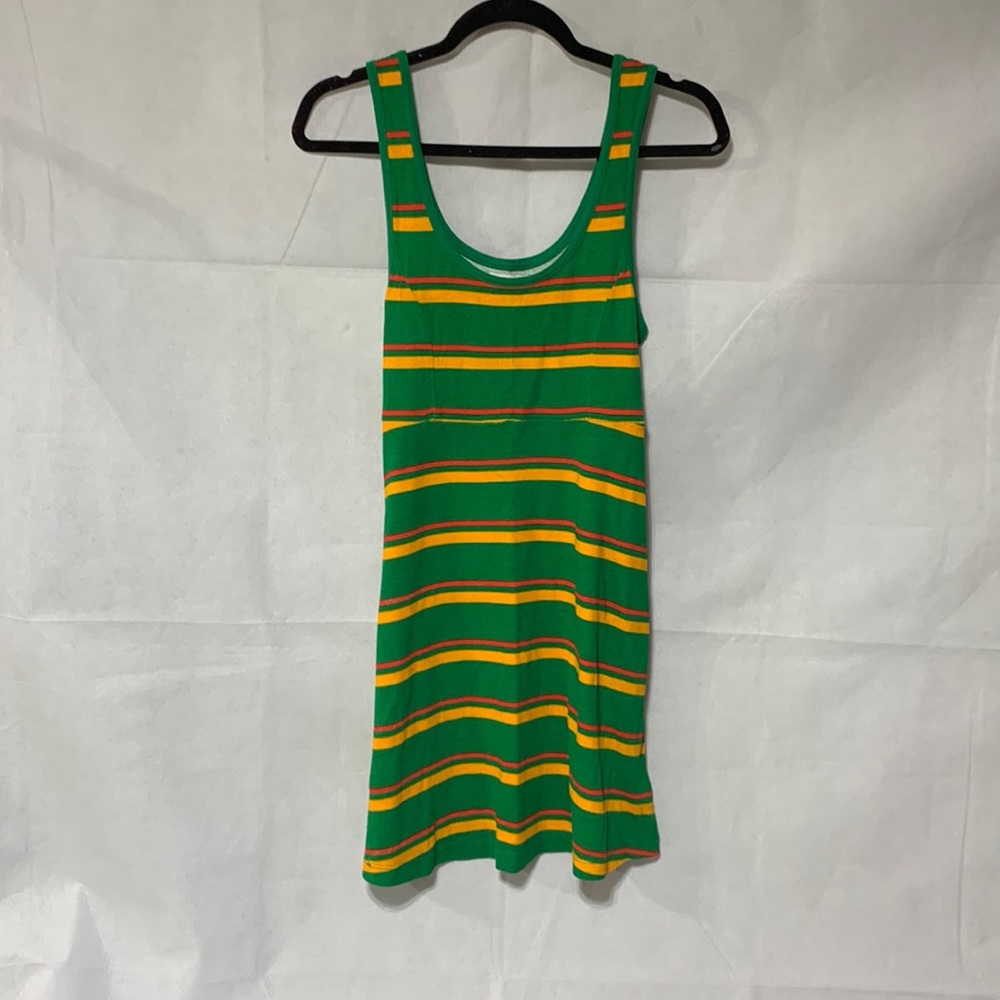 UO Johnson Tie-back Mini Tank Dress. Striped: Green, Light Orange, Red. Size: S